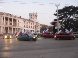 Cars flying Russian flags