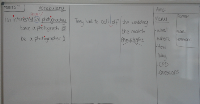 Amy's whiteboard, showing stress patterns for photograph, photographic, photographer, and vertical extension for call off (the wedding, the match, but not the flight)