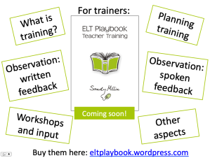 ELT Playbook Teacher Training cover and topic areas: what is training, planning training, observation: written feedback, observation: spoken feedback, workshops and input, other aspects
